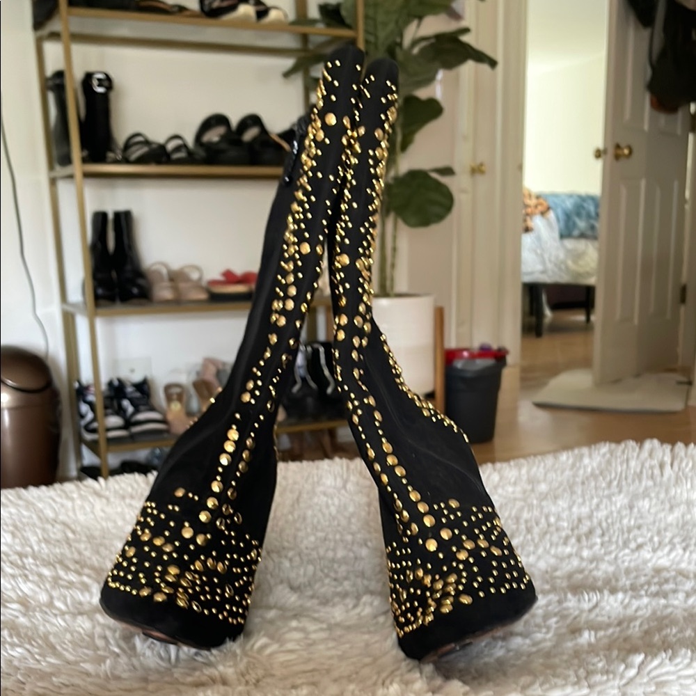Black and Gold Studded Heeled Boots